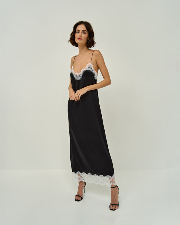 CLAIRE SILK-SATIN MAXI DRESS WITH CHANTILLY LACE